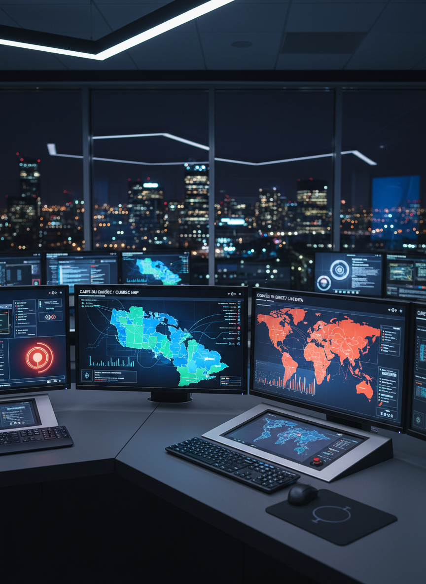 A sleek, modern newsroom control desk filled with glowing monitors displaying maps of Quebec, Canada, and the world, each with colorful data visuals and subtle bilingual interface elements. The desk is a matte charcoal surface with neatly arranged hardware and a single illuminated “On Air” indicator represented as an abstract icon, not text. Cool, diffused studio lighting from above creates crisp reflections and soft shadows, emphasizing technological precision. Shot at eye level with a slightly wide angle, the foreground screens in sharp focus and a glass wall of a city skyline blurred behind. The mood is professional, trustworthy, and analytical, captured in clean photographic realism for a credible news homepage hero image.